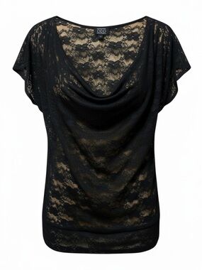 Deb Black Sheer Lace Drape Neck Y2K Top Size 1XL
